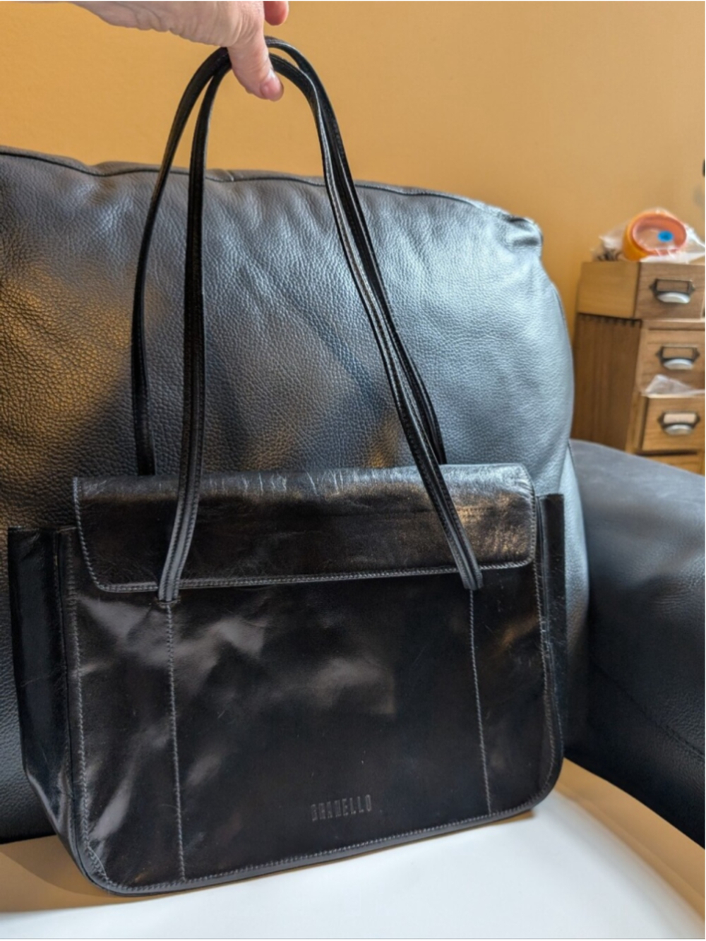 Vintage GRANELLO Prada SPA Black Genuine Leather Shoulder Bag Tote Suede Lining